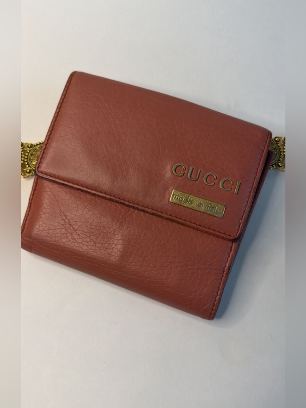 Gucci Red Leather Trifold Wallet with Gold Logo